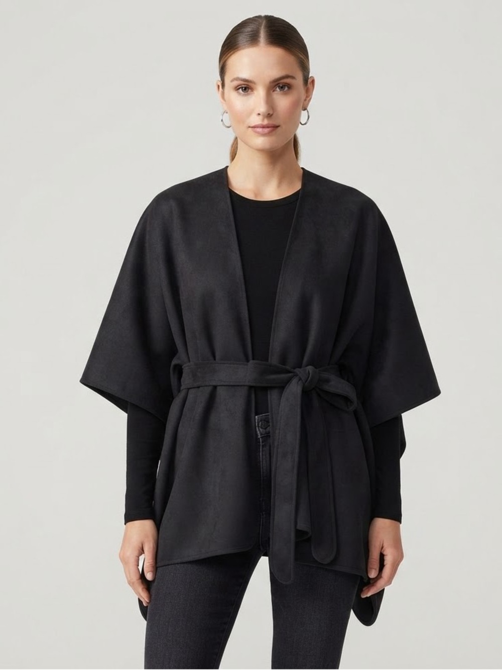 Vince Camuto Black Faux Suede Wrap Poncho Cape Tie Waist One Size OS/T/U